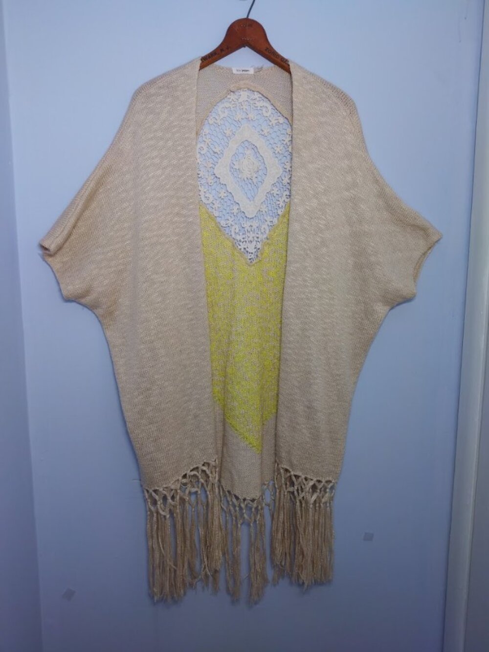 Boho Fringe Kimono Duster Sweater Beige Yellow Open Front Crochet Beach Medium